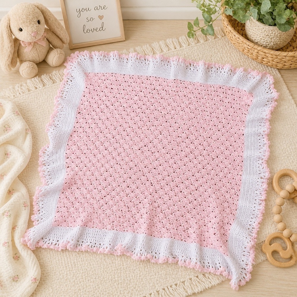 Vtg Handmade Crochet Baby Blanket Pink White Ruffle Shell Stitch Pom Pom Trim